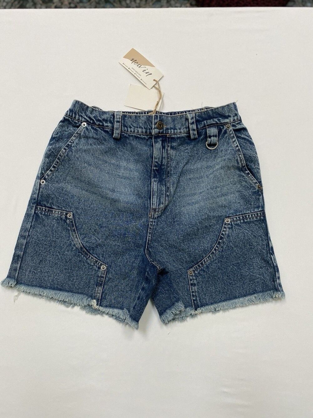 New In Small High Rise Utility Denim Shorts Raw Hem Carpenter Y2K